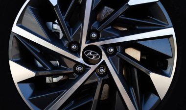 Krakow, Poland - March 27, 2022: Hyundai car alloy wheel with logo sign. Emblem badge logotype on Korean auto rims on March 27, 2022 in Krakow, Poland.