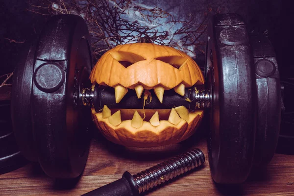 Espeluznante Calabaza Halloween Tallada Jack Lantern Apretando Los Dientes Una — Foto de Stock