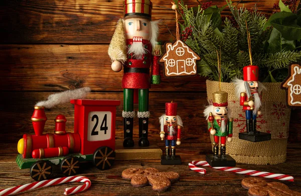 Figuras Cascanueces Navidad Calendario Adviento Tren Juguete Galletas Jengibre Bastones Imágenes de stock libres de derechos