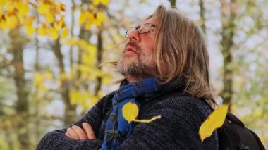 Ormanda sonbahar yürüyüşü: Doğanın tadını çıkaran bir adam. Havada sarkan sarı yapraklar, rahat ve huzurlu bir ortam yaratıyor. Adam yukarı bakıyor, sanki anın ve doğanın güzelliğinin tadını çıkarıyor gibi..