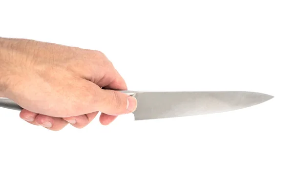Ruka Držící Ostrý Šedý Nůž Izolovaný Bílém Pozadí Kuchyňský Nůž — Stock fotografie