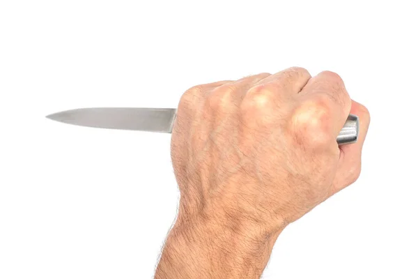 Ręka Kryminalisty Trzymająca Nóż Białym Tle Silna Męska Ręka — Zdjęcie stockowe