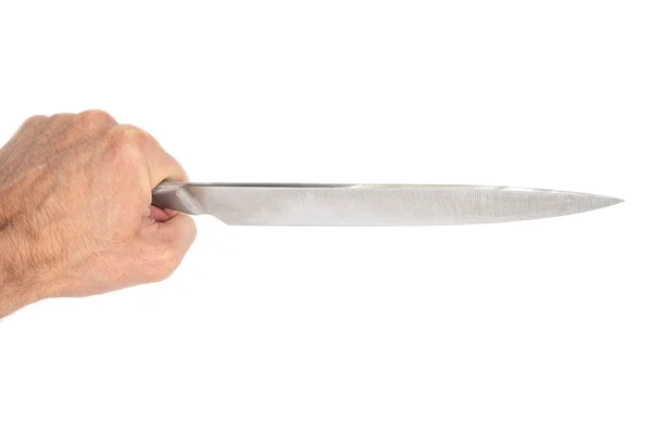 一个男人拿着一把很大的铁刀 被白色的背景隔开了 厨房大刀 — 图库照片