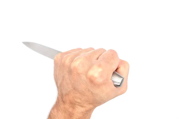 白い背景に孤立した強い男性の手を握るシェフのナイフ — ストック写真