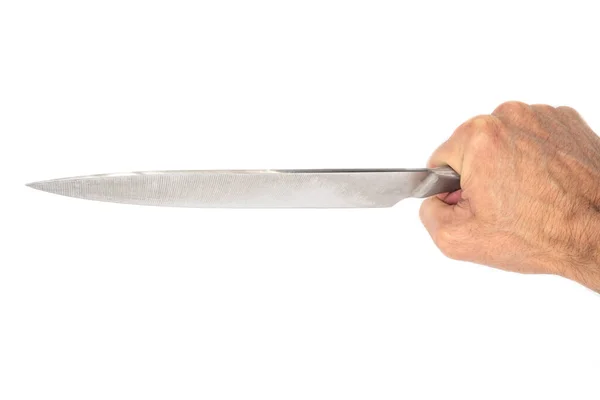 Silná Mužská Ruka Drží Ocelový Nůž Bílém Pozadí — Stock fotografie