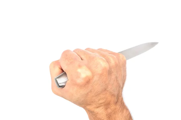 Emelt Kéz Egy Késsel Fehér Háttér — Stock Fotó