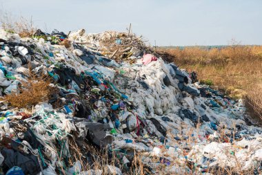 Bir yığın plastik çöp, yiyecek atıkları ve diğer çöpler. Plastik atık alanı.