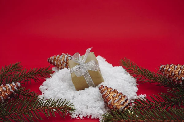 Kerst Groene Geschenkdoos Dennentakken Bruine Kegels Geïsoleerd Rode Achtergrond — Stockfoto