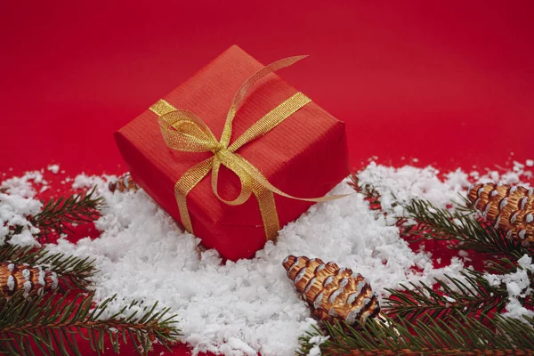 Kerst Grote Rode Geschenkdoos Dennentakken Bruine Kegels Geïsoleerd Rode Achtergrond — Stockfoto
