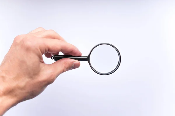 Magnifying Glass Hand White Background Isolated Copy Space Your Image — Stock Photo, Image