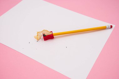 Kalem açacağı olan kalemler ve beyaz bir çarşaf üzerindeki talaşlar. Pembe arkaplanda ofis aracı.