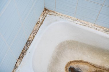 Old dirty bathroom. The bathtub is attacked by mold.