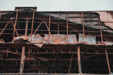 Metal construction after the fire. Ruins after fire disaster.