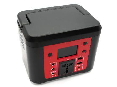 Isolated on white portable power station. Big power bank for charging devices.