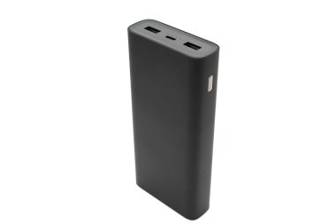 Black power bank on white background. External battery for recharging.