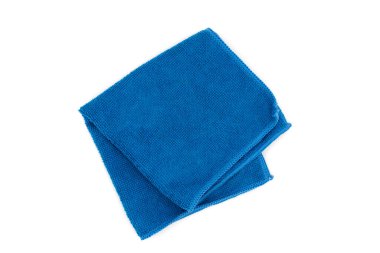 Closeup blue duster microfiber cloth for cleaning isolated on white background. Top view. Flat lay.
