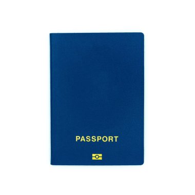 One blank blue passport on white background with clipping path. Document template.