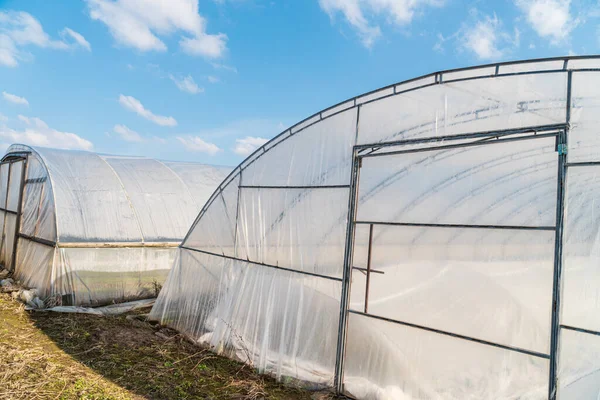 stock image Polythene tunnel greenhouse for growing vegetables.