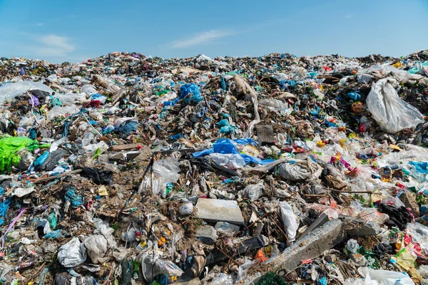 Mavi gökyüzüne karşı çöplükte bir çöp yığını. Çöp sahasında plastik hurda.