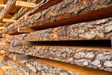 Kapalı kabuklu çiğ tahta. Bıçkıhanede kesilmiş odun yığını. Ahşap arkaplan.