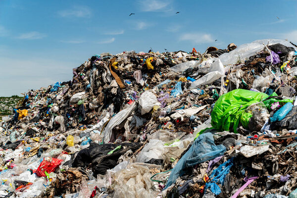 Pile of domestic garbage in landfill. Pollution concept.