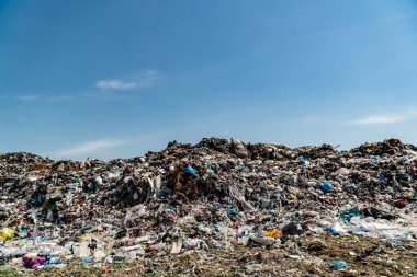Çöp sahasında bir dağ. Ev atığı atık alanı. Atık işleme ile ilgili sorunlar.