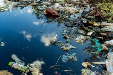 Nehir ya da göl, yüzen çöp ve plastik atıklarla kaplıdır. Çöpten gelen kirlilik suyun kirlenmesine neden olur. Çevre kirliliği.