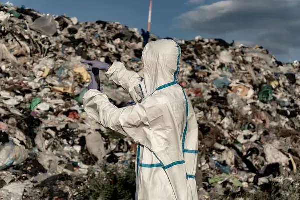 Çöpteki bakteriyolojik koruyucu bir adam. Açık hava çöplüğü. Plastik ve polietilen atığı.