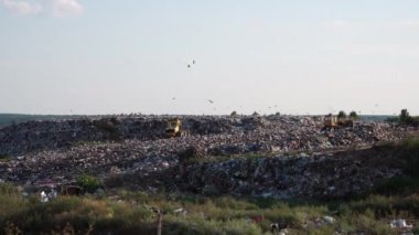 Şehir çöplüğünde plastik atık. Ev çöpü. Açık hava çöplüğü. 4k video.
