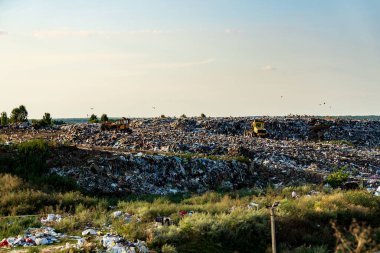Ağır makineler, atık yığınlarıyla dolu geniş bir çöp sahasında çalışıyor. Manzara ağaçlar ve açık bir gökyüzü ile kaplı. Bu da sıcak ve güneşli bir günü gösteriyor..