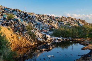 The landfill displays large mounds of mixed waste surrounded by patches of greenery and a winding stream, reflecting the environmental impact of waste disposal. clipart