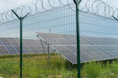 Bir dizi güneş paneli dikenli tellerle çevrili, bulutlu gökyüzünün altında yemyeşil bir alana kurulmuş, yenilenebilir enerjiye olan bağlılığını gösteriyor..