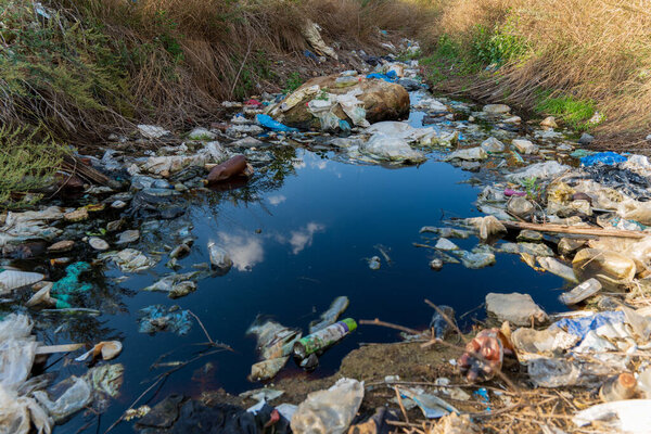 A clear pond reflects the sky while plastic bottles and bags clutter the surrounding banks, highlighting the urgent issue of pollution in this natural area.