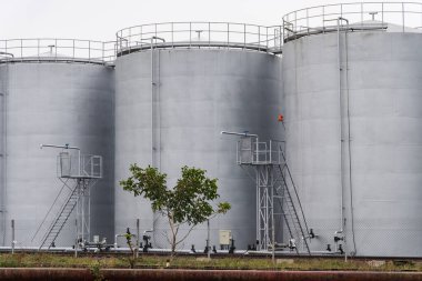 Metal iskeleleri ve merdivenleri olan üç büyük gri depo tankı solgun bir gökyüzüne karşı duruyor. Ön planda küçük bir ağaç yetişiyor, dalları tanklara doğru uzanıyor..