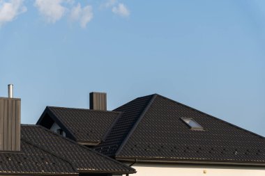 The roof features sleek black metal tiles, reflecting modern design trends in residential construction, set against a bright, clear sky. clipart