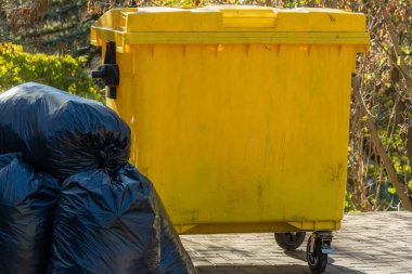 Canlı sarı bir çöp tenekesi sakin bir şehir parkında duruyor. Yanında düzenli olarak istiflenmiş siyah çöp torbaları var. Güneşli bir günün sıcaklığının keyfini çıkarıyorlar..