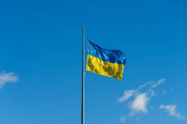 Soaring high above, the blue and yellow flag of Ukraine flutters gently in the crisp air, reflecting the nation's spirit and determination under a clear sky filled with soft clouds. clipart