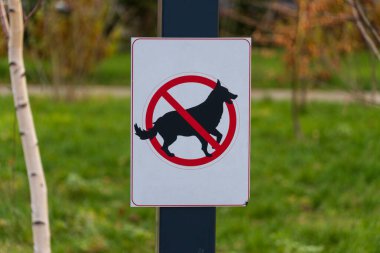 Parlak renkli tabela bu parkta köpek gezdirmeye izin verilmediğini gösteriyor. Uyarı sembolünde yasak işareti olan bir köpeğin silueti var..