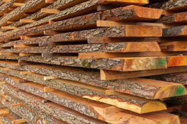 Sağlam kereste kalasları, kereste fabrikasında parlak güneş ışığı altında düzgünce istiflenip kurutulur. Düzenleme, doğal ahşabın eşsiz dokularını ve canlı renklerini vurguluyor..