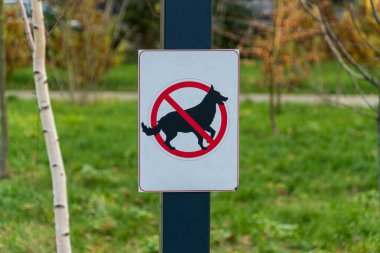 Gündüz vakti ağaçlar ve yeşilliklerle çevrili yeşil bir parkta köpeklere izin verilmediğini gösteren uyarı levhası..