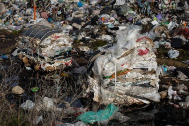 Plastik, çöp ve çeşitli atıklarla dolu büyük bir atık alanı, yerel ekolojiyi etkileyen kirlilik sorununu vurguluyor.