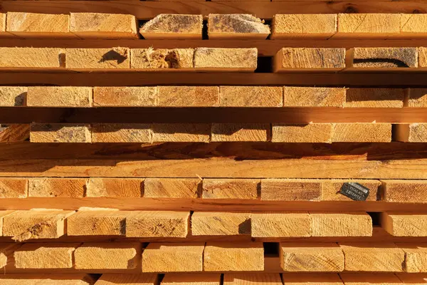 Kereste deposunda düzenli bir şekilde istiflenmiş ahşap kalaslar öğleden sonra güneşiyle aydınlatılan doğal tahıl ve dokularını sergiliyorlar..