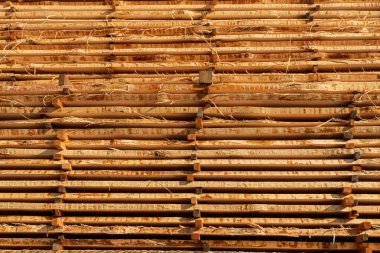 Bambu direkleri yatay olarak düzenlenir, doğal dokularını ve renklerini gösterir, çevre dostu yapılar için idealdir..