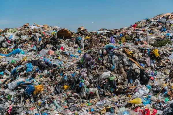 Geniş bir çöp sahası, çevredeki atık kirliliği sorununu gösteren plastik atıklar ve çöp yığınlarıyla dolu..