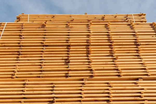 Bir inşaat sahasında dikkatlice istiflenmiş ahşap kalasların bir koleksiyonu mavi gökyüzüne karşı dokularını ve düzenlerini gözler önüne seriyor..