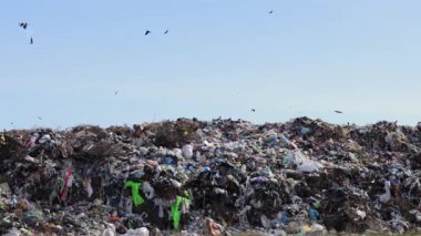 Bir çöp sahası, atıkların ve plastiklerin yoğun bir şekilde biriktiğini, atıkların neden olduğu kirlilik ve çevresel etkiyi vurguluyor.