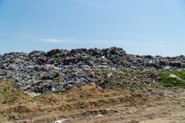 Genişleyen bir çöplükte açık mavi gökyüzü altında plastikler, metaller ve organik maddelerden oluşan yığınla çeşitli atık sergileniyor..