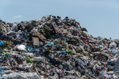 Büyük bir atık yığını, güneşli bir kent ortamında yukarıdaki kuşlar gibi, plastikler ve molozlar da dahil olmak üzere araziyi çöplerle dolduruyor..