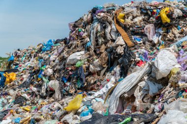 A large mound of waste is visible under a clear sky, filled with plastic bags and discarded materials at a landfill site.