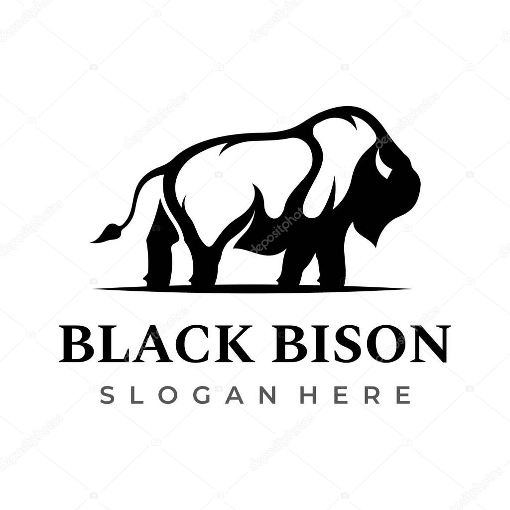 Silhouette bison logo, retro angus, wild buffalo isolated background. Vector template.